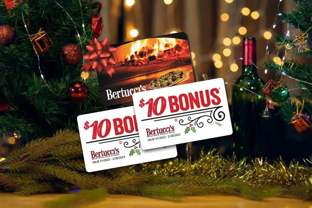 Bertucci's Holiday Gift Cards with ornaments background