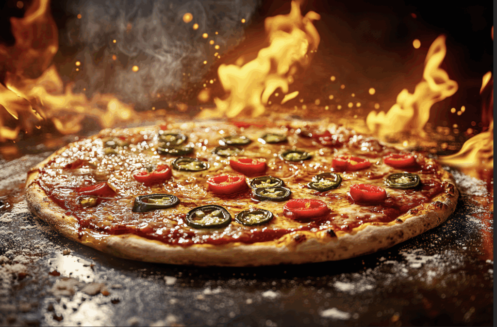 The Bertucci's Reaper Pizza with a flame behind it