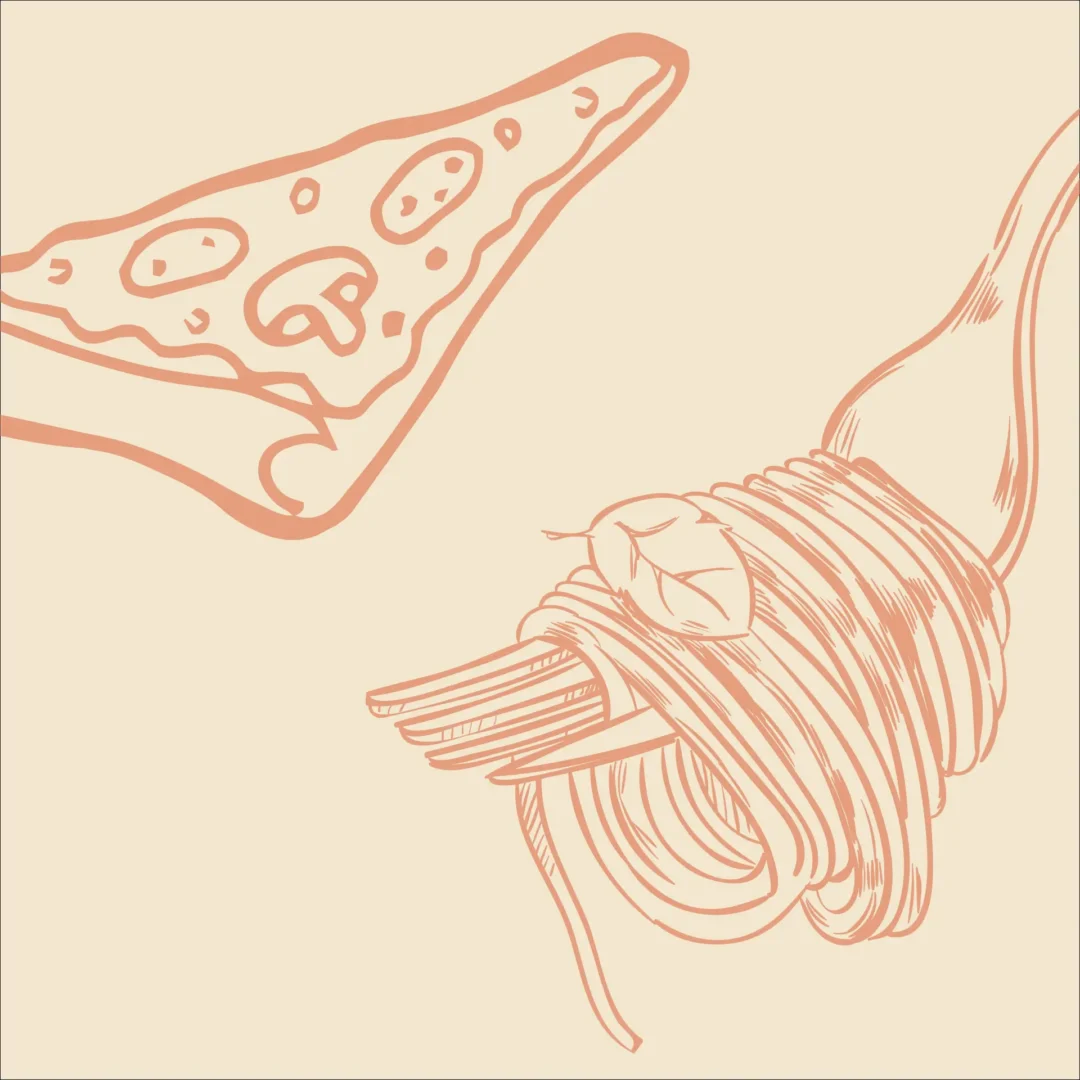 A sketch of a fork with spaghetti on it and a slice of pizza