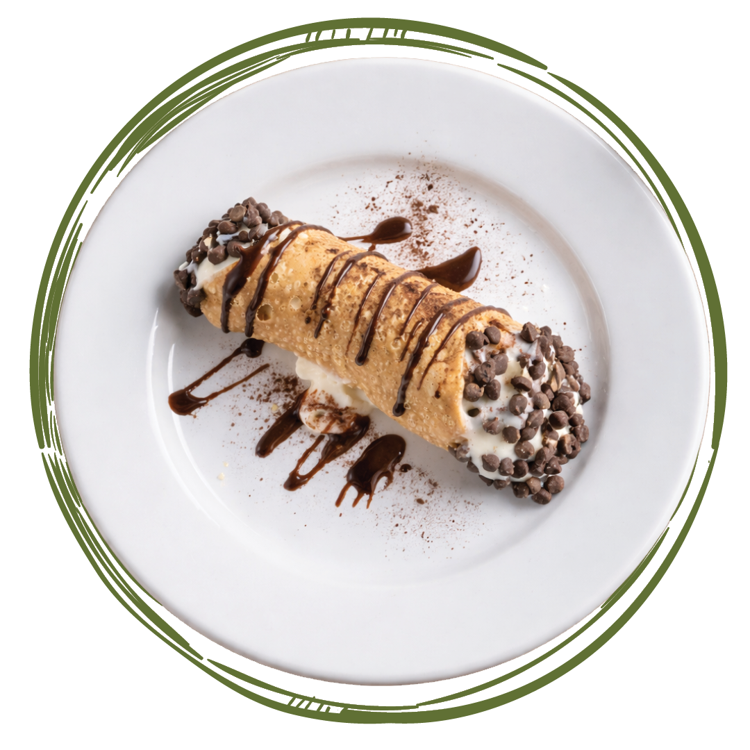 Mini Cannoli from above on a plate with green lines drawn around it