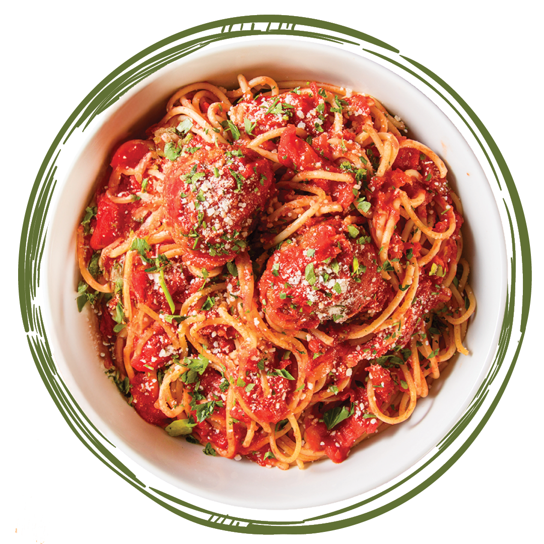 Spaghetti & Meatballs from above on a plate with green lines drawn around it