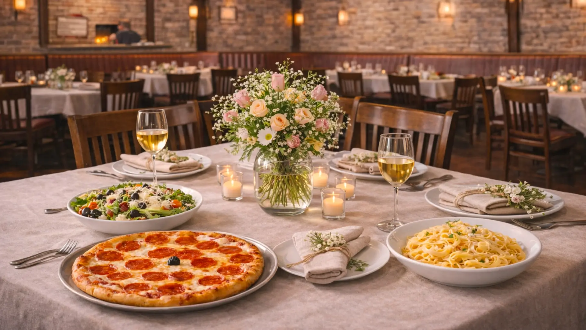 Bertucci’s dining table with pepperoni pizza, pasta, salad, wine, and floral centerpiece in a warm restaurant setting.