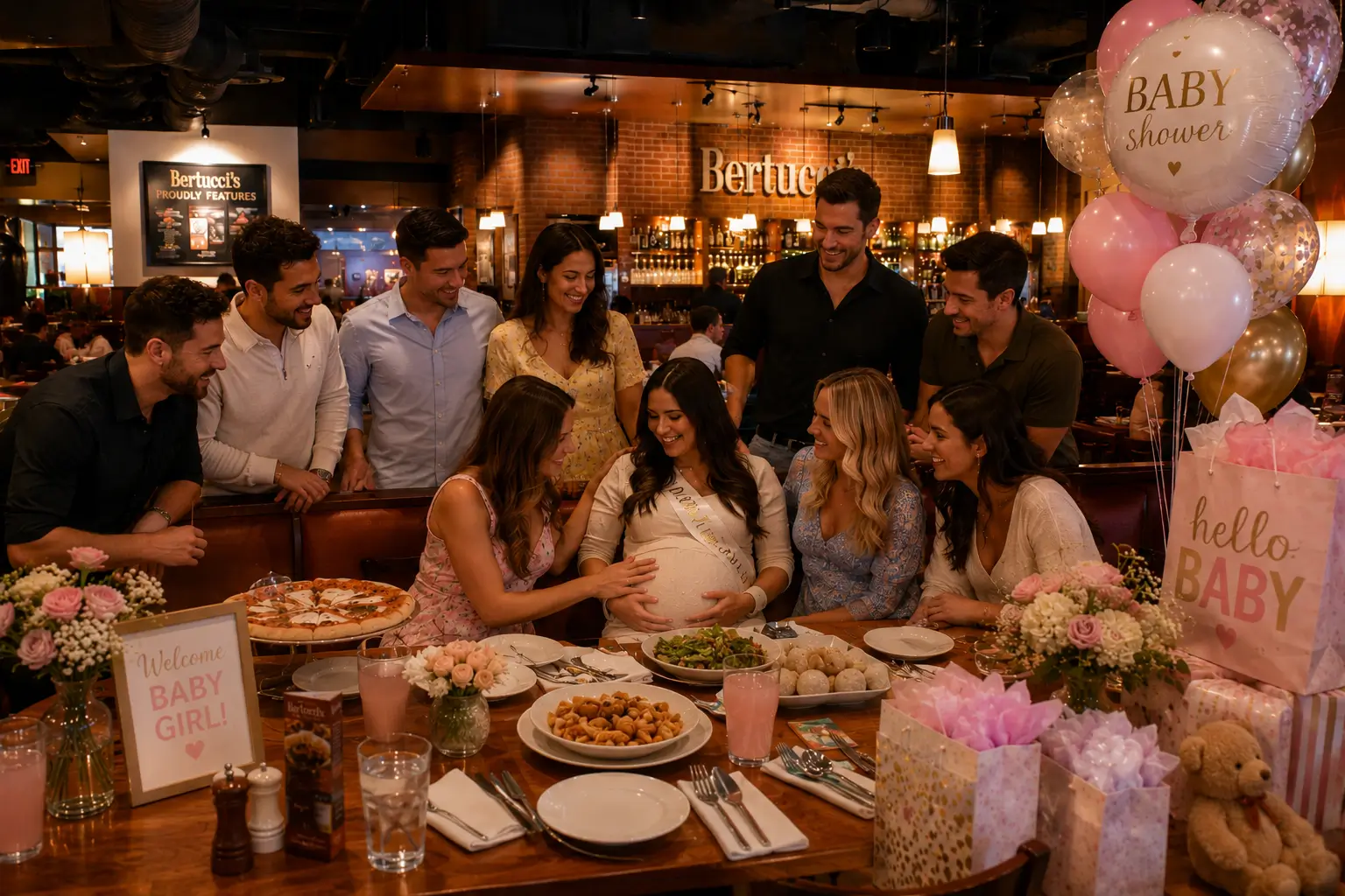 Friends gather around a table at Bertucci’s for a baby shower, smiling at a seated mom-to-be surrounded by pink balloons, gifts, flowers, pizza, pasta, and baby shower decorations.