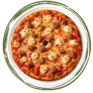 Sporkie pizza with sausage, ricotta, tomato sauce and mozzarella on a plate.