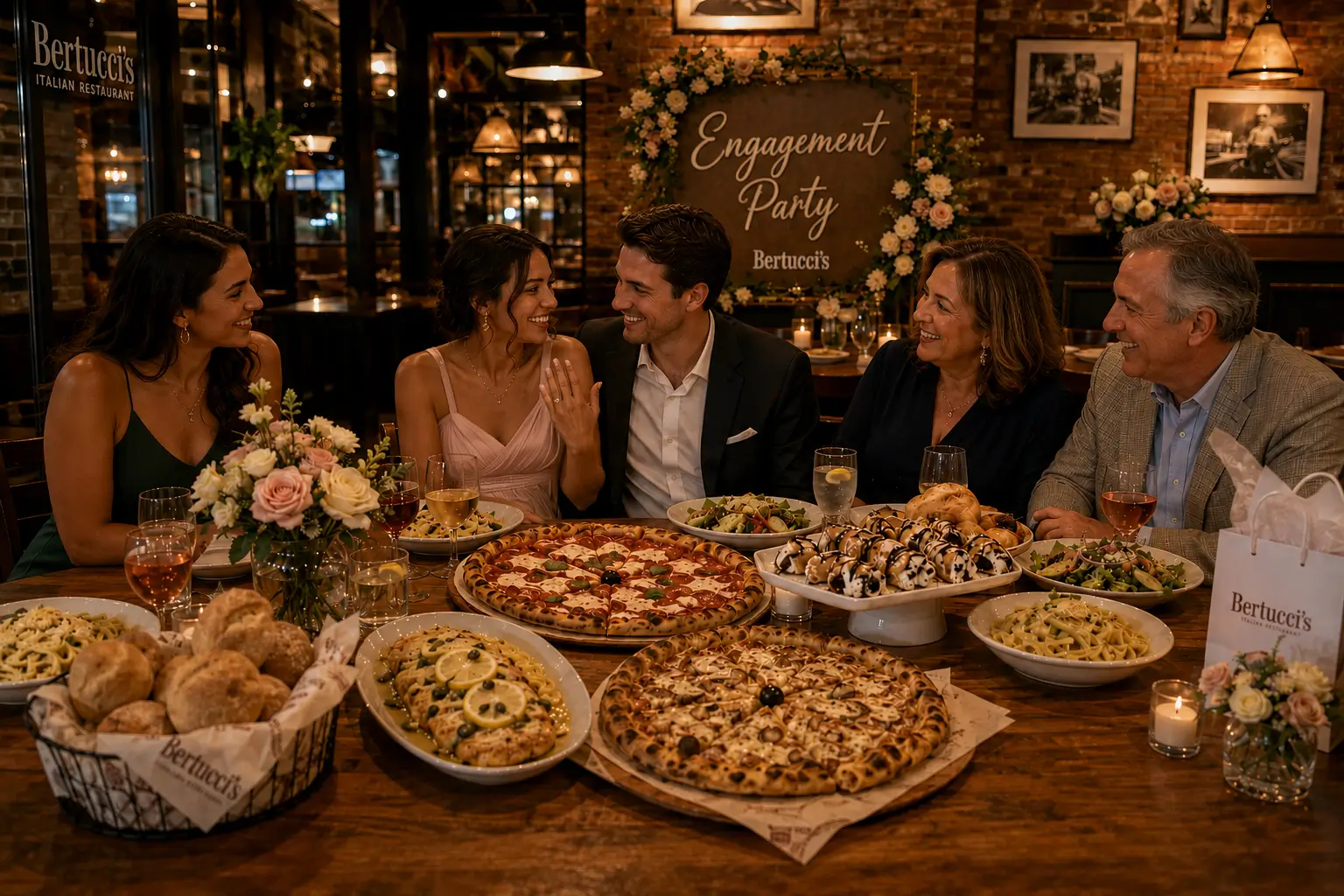 Small group celebrating an engagement party at Bertucci’s, seated around a table filled with pizza, pasta, bread, desserts, salads, wine glasses, flowers, and candles in a warmly lit brick-walled Italian restaurant.