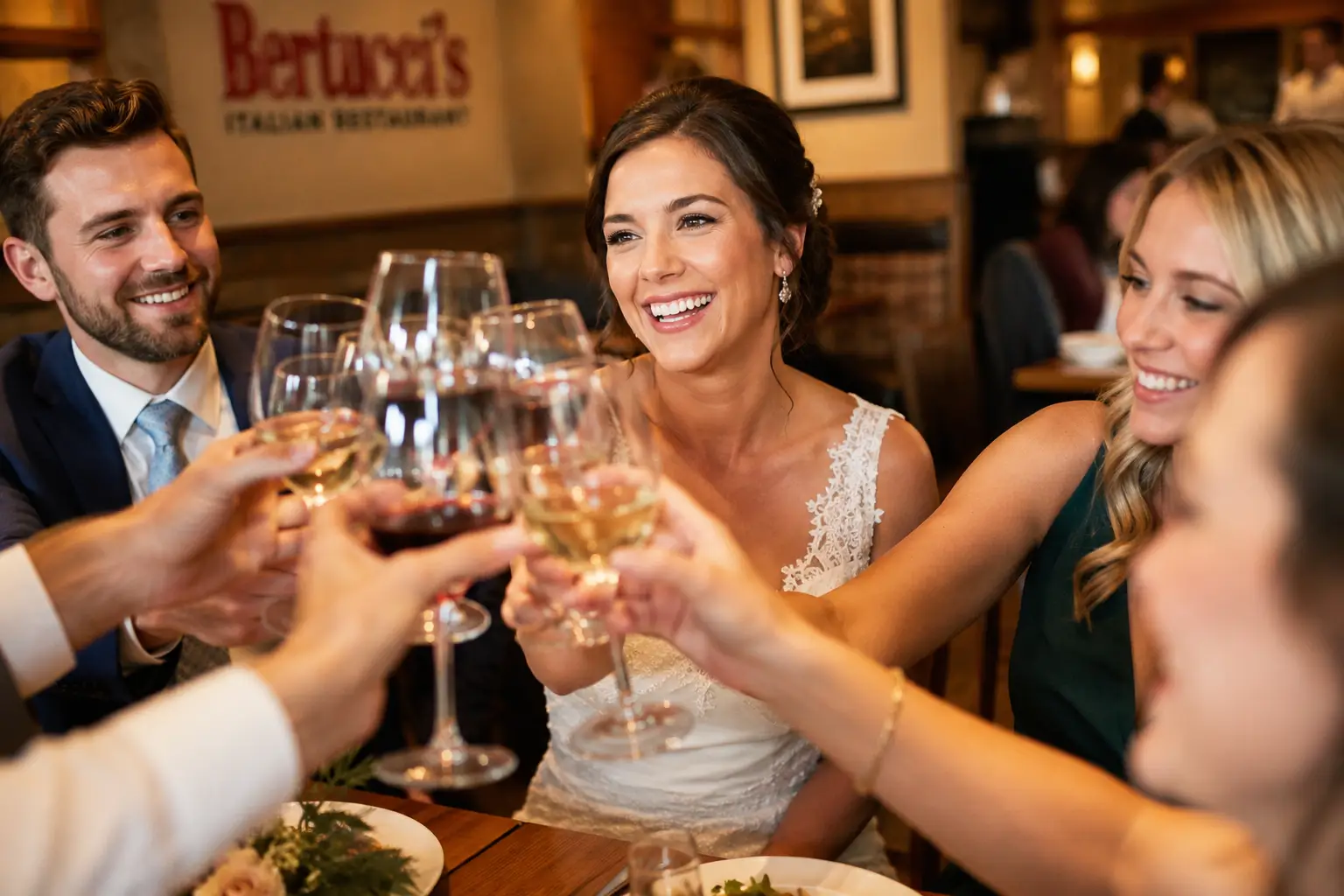 A bride and groom toasting with their wedding guests