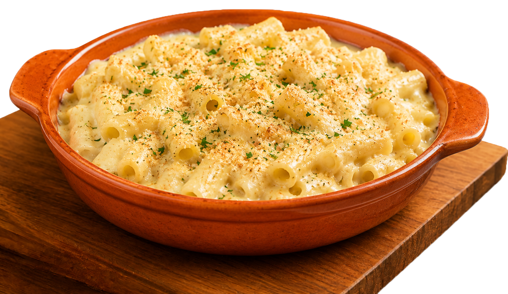 A bowl of Bertucci's mac and cheese in an orange ceramic bowl