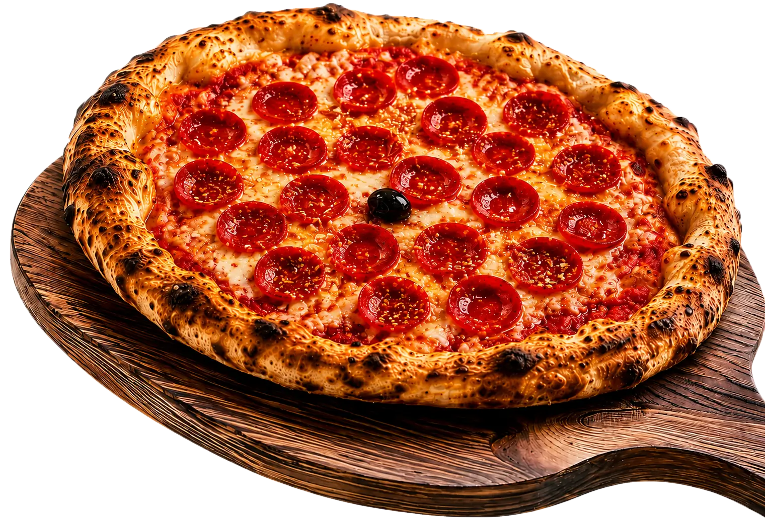 The Bertucci pizza topped with pepperoni and an olive on a wooden pizza peel