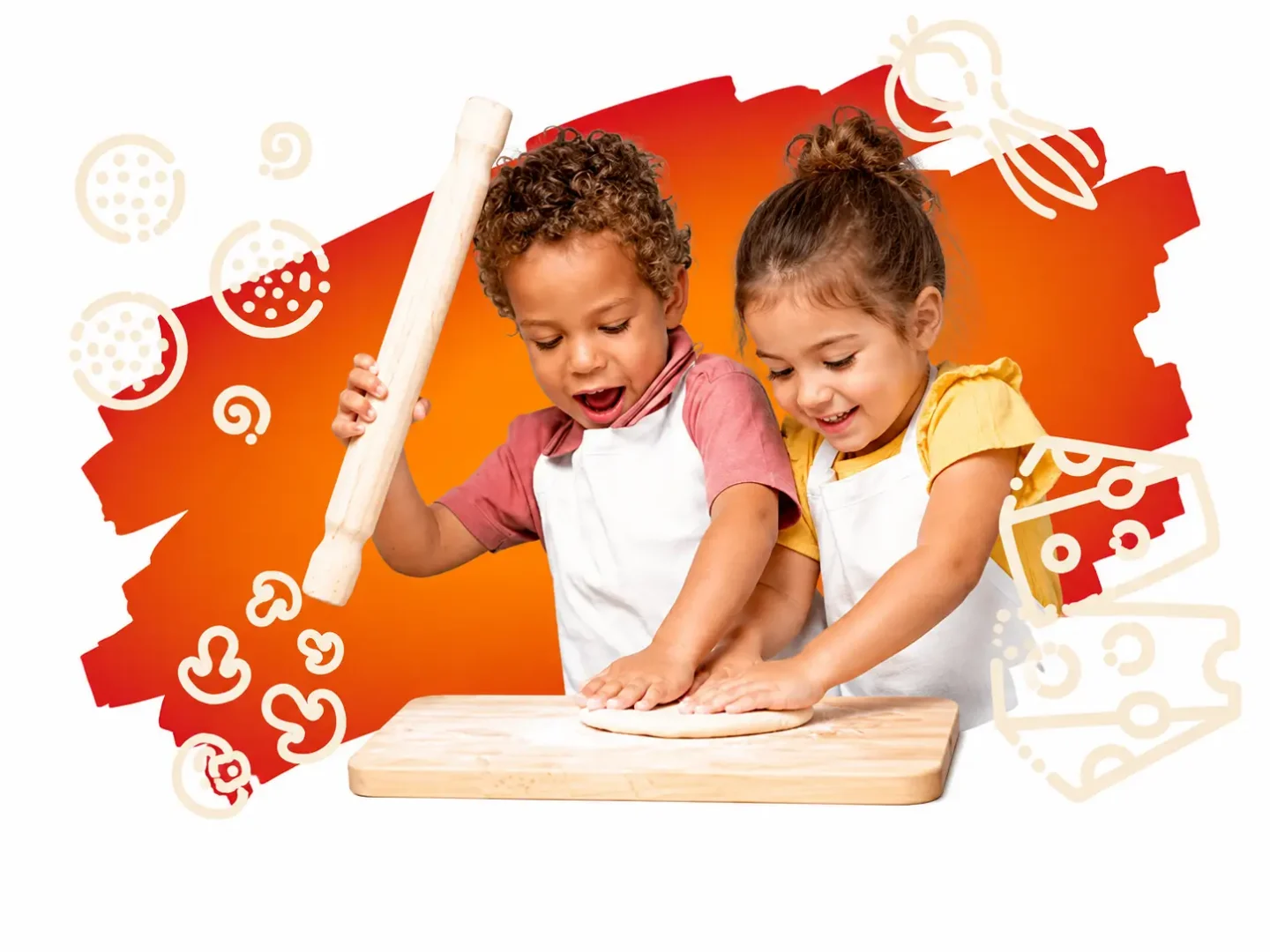 Two children in aprons smiling while making pizza dough together, with playful Italian food illustrations on an orange background.