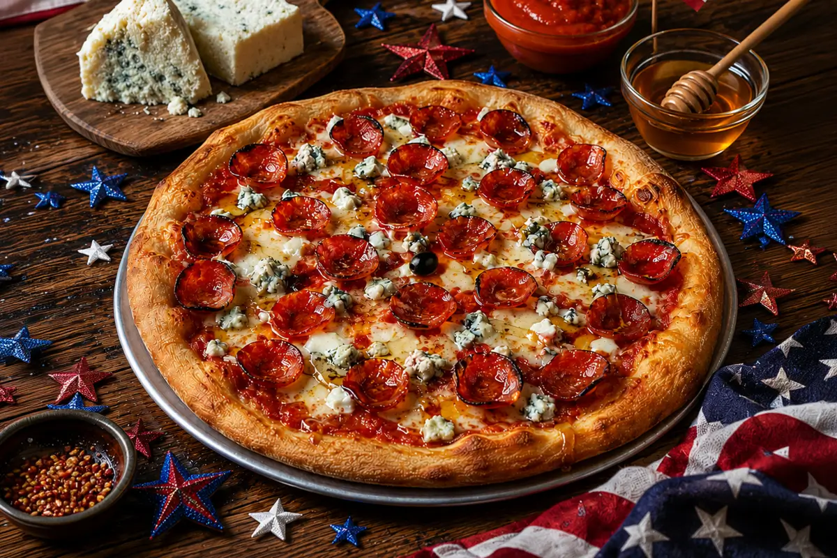 Red, White & Bleu Pizza with pepperoni, bleu cheese and hot honey drizzle.